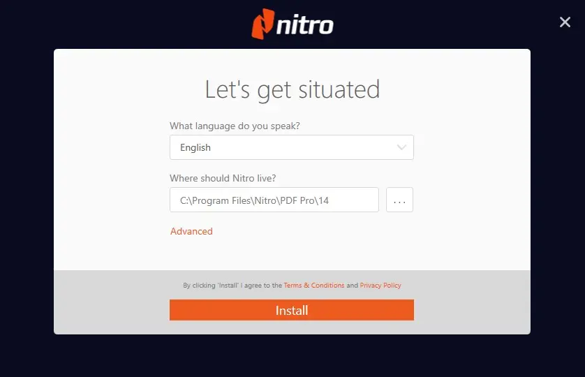 Nitro PDF Pro installer: choose your language and click Install