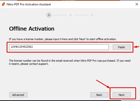 Offline Activation screen with the licence number entered