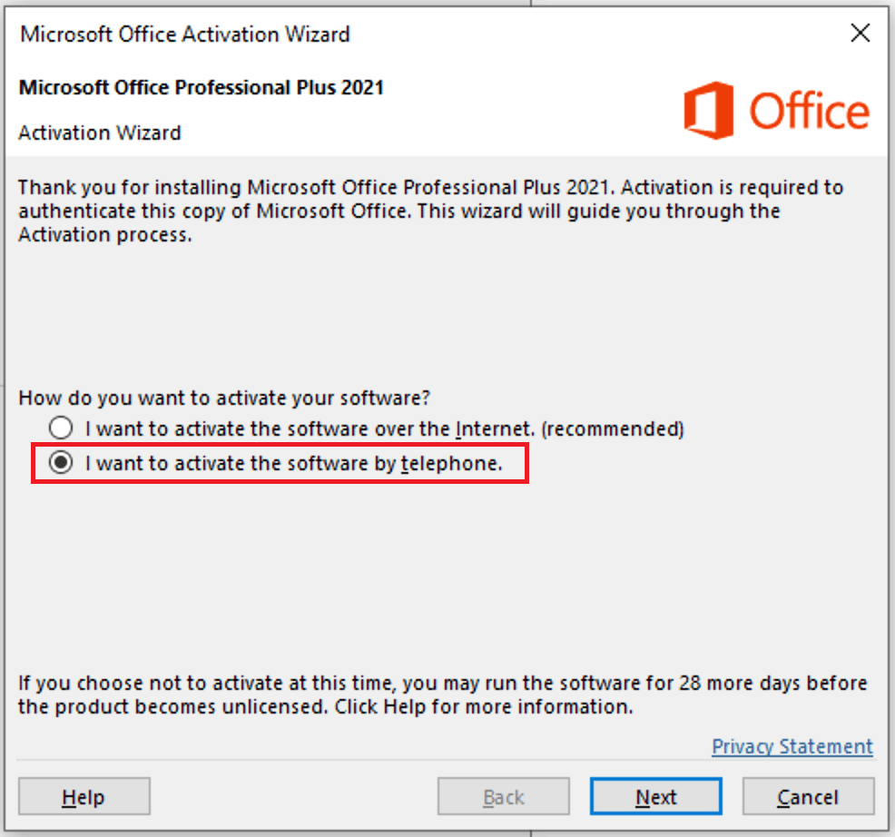 Choose: I want to activate the software by telephone