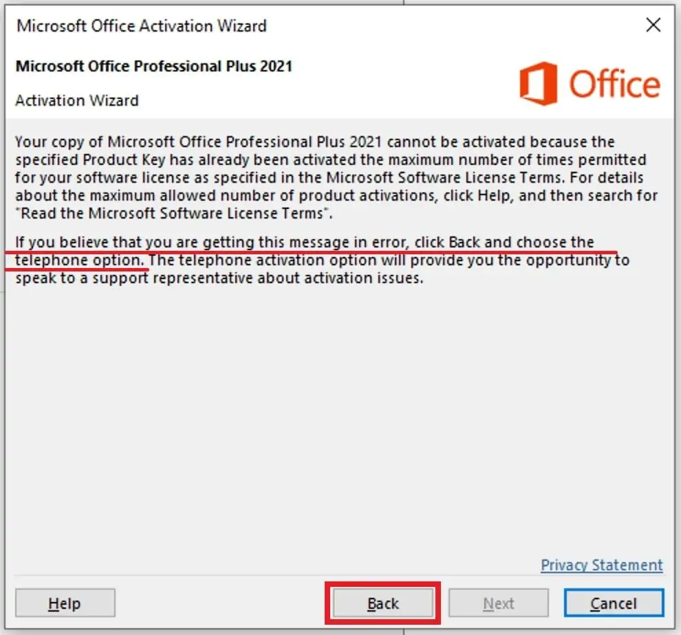 Office Activation Wizard: product key activated maximum number of times — choose the telephone option