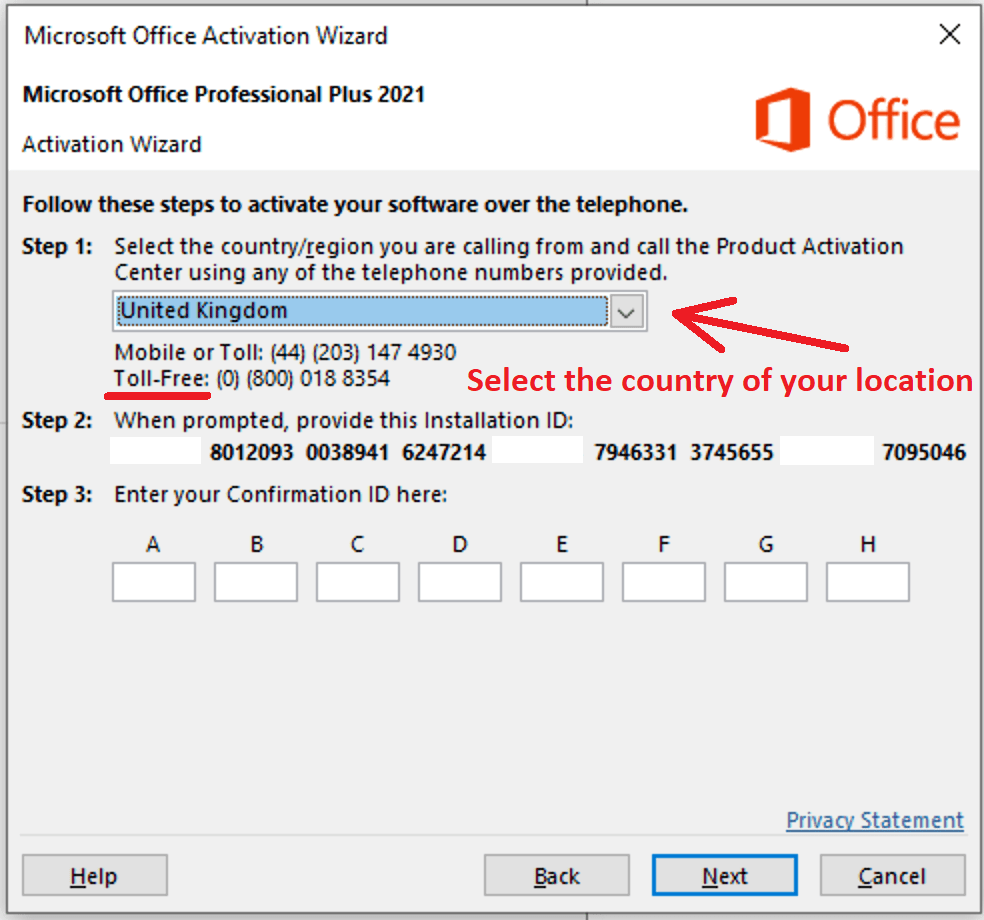 Phone activation screen showing the Installation ID and Confirmation ID boxes A to H